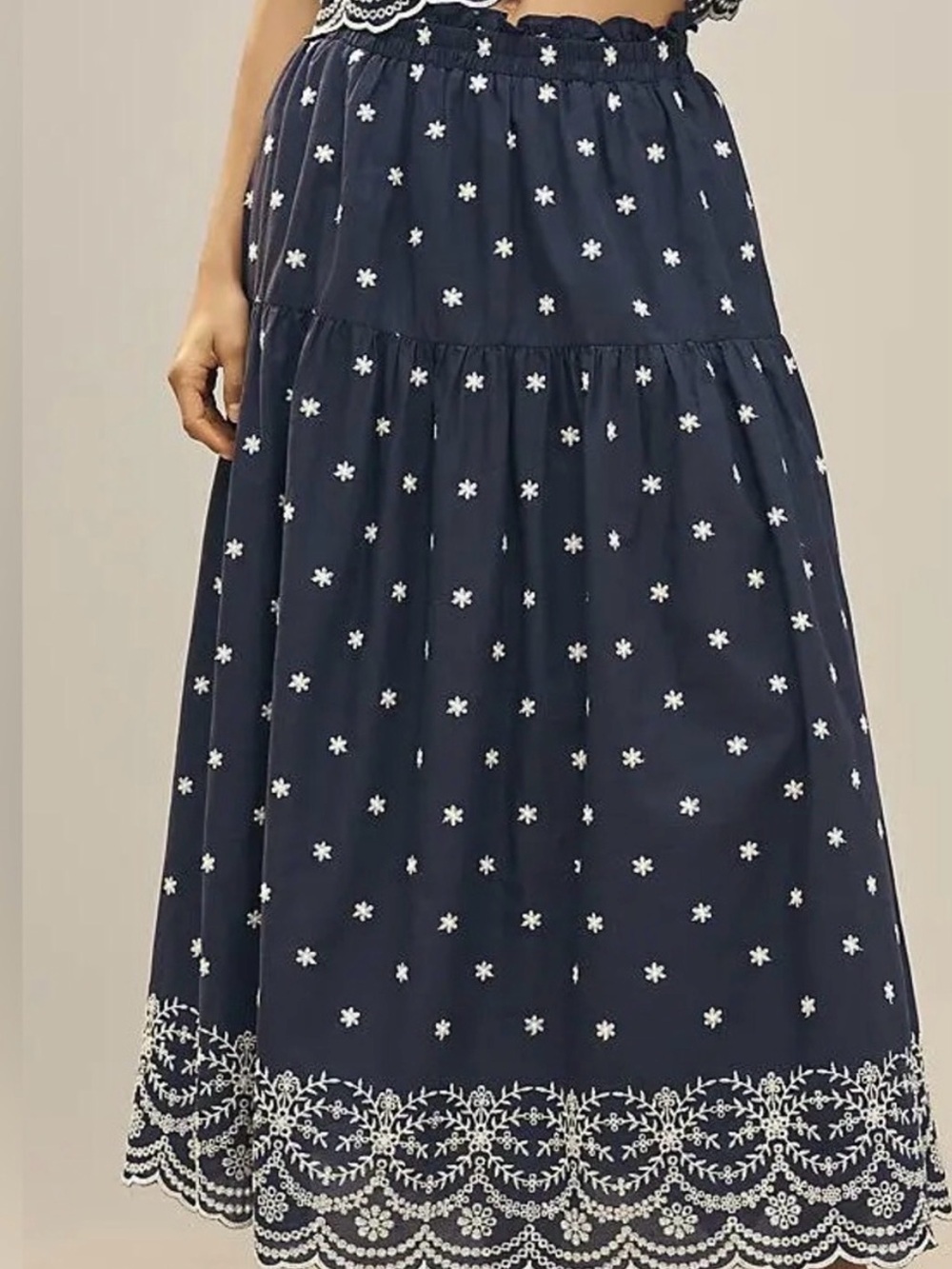 En Saison Nara Dark navy blue embroidered skirt & top set medium scallop hem NWT - Picture 2 of 16